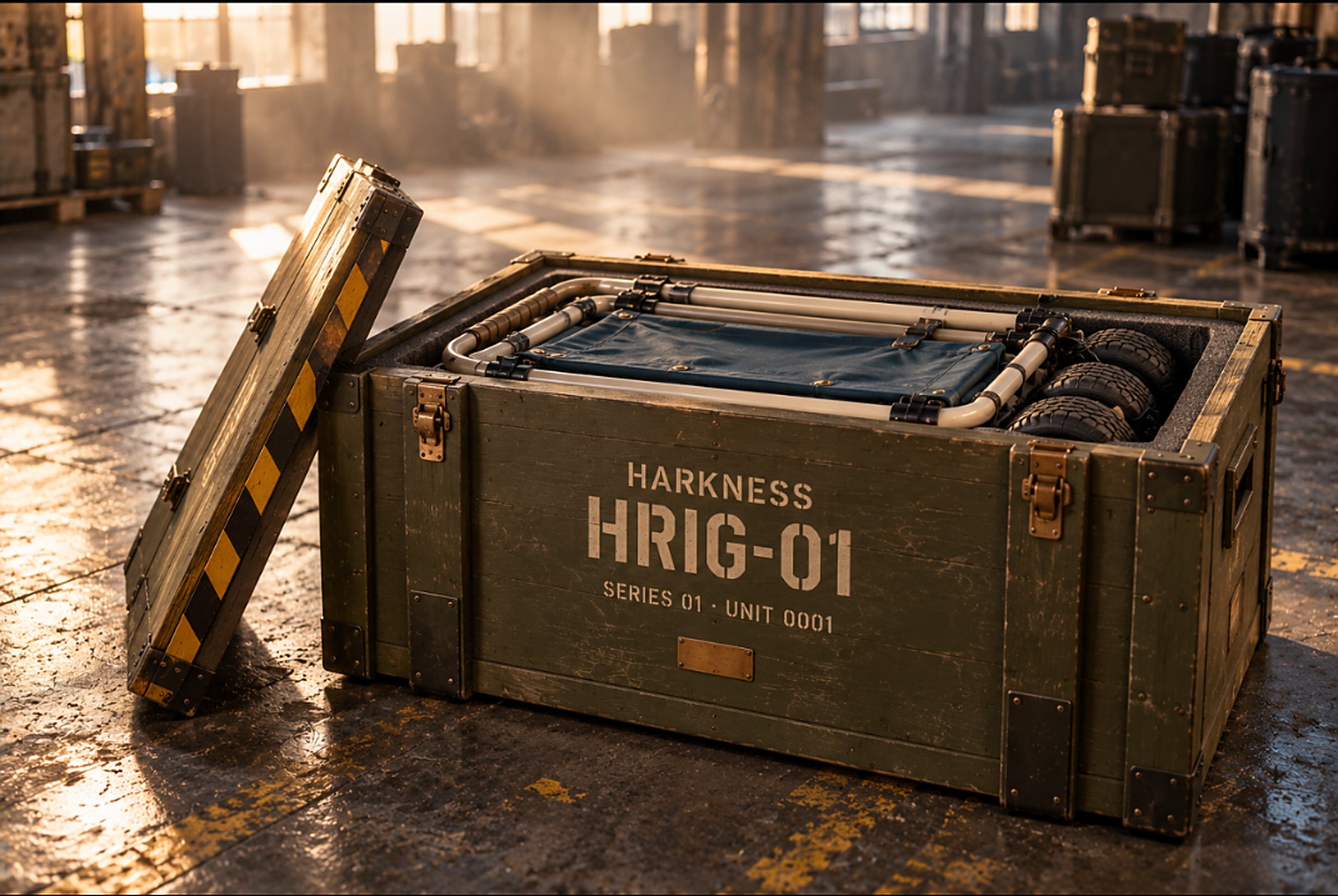 H-RIG.01 shipping crate, lid off, cart packed flat inside